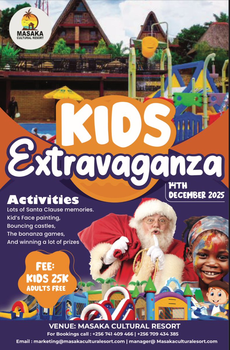 sanyukatv's tweet photo. Get ready for the biggest kids celebration of the season. Kids Extravaganza hits Masaka Cultural Resort on 14th December 2025. Face painting, bouncing castles, games, prizes and Santa memories await. Entry is 25k for kids and free for adults. Book your spot today.

#MasakaCulturalResort1
#KidsExtravaganza
#SanyukaUpdates