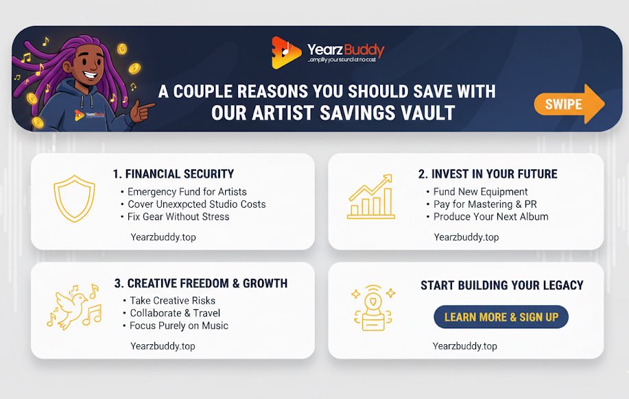 yearzbuddy's tweet photo. Save now, flex later! 💸  
Detty December coming, but career goals? Yearzbuddy’s ASV helps fund studio, promo, or gear—so you enjoy hols stress-free.  
Swipe for why saving with us is smartest for your music grind 👇  
Link in bio to start!  
#Yearzbuddy #ASV #DecFlex #NaijaMusic https://t.co/nH9a8nvdBE