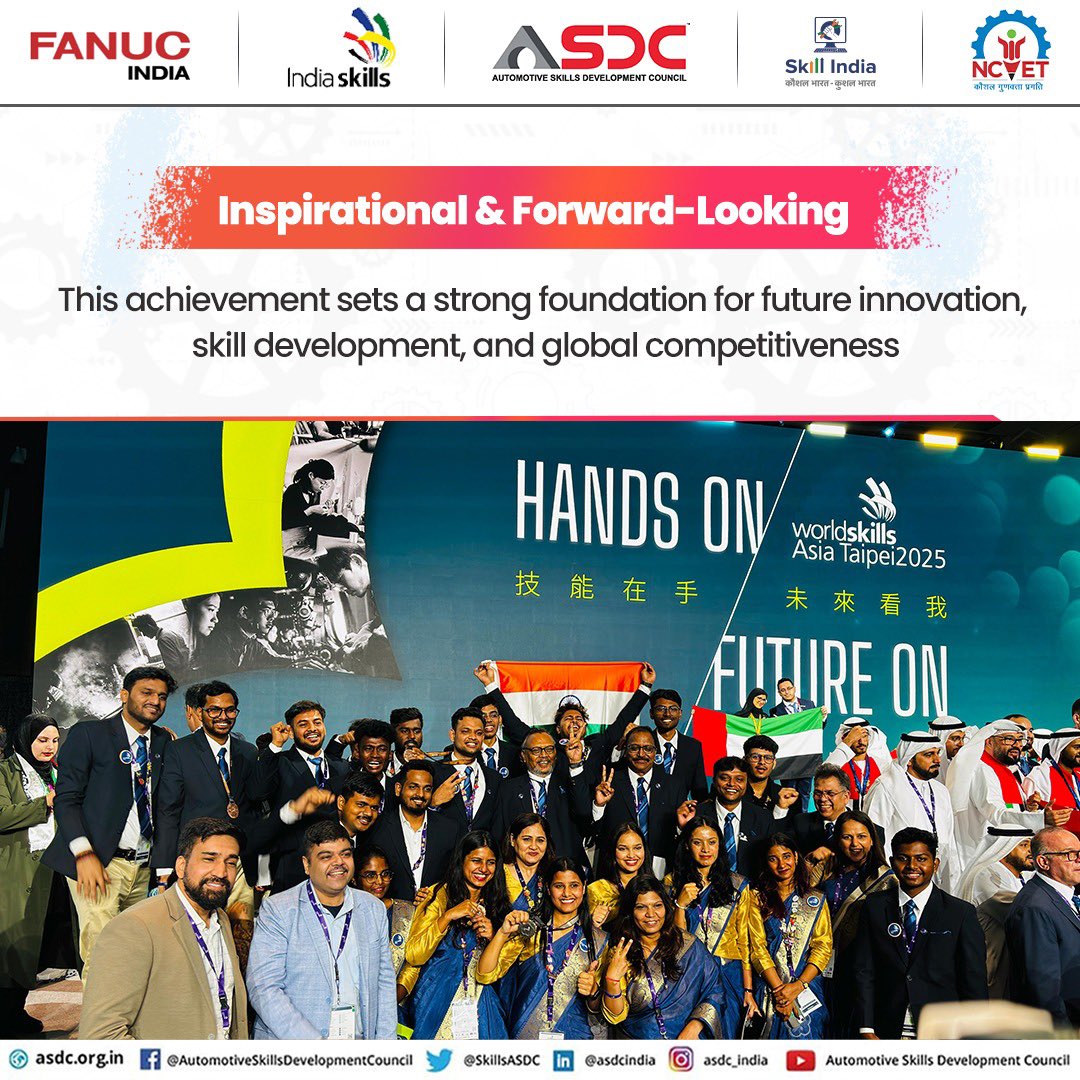 SkillsASDC's tweet photo. A proud moment for all of us as Team India secured the Bronze Medal in Robot System Integration at WorldSkills Asia Taipei 2025.
#WorldSkillsAsia #Taipei2025 #TeamIndia #RobotSystemIntegration #BronzeMedal #IndiaShines #SkillIndia #GlobalSkills #FutureOn #HandsOnFutureOn https://t.co/yGN4WMS19o