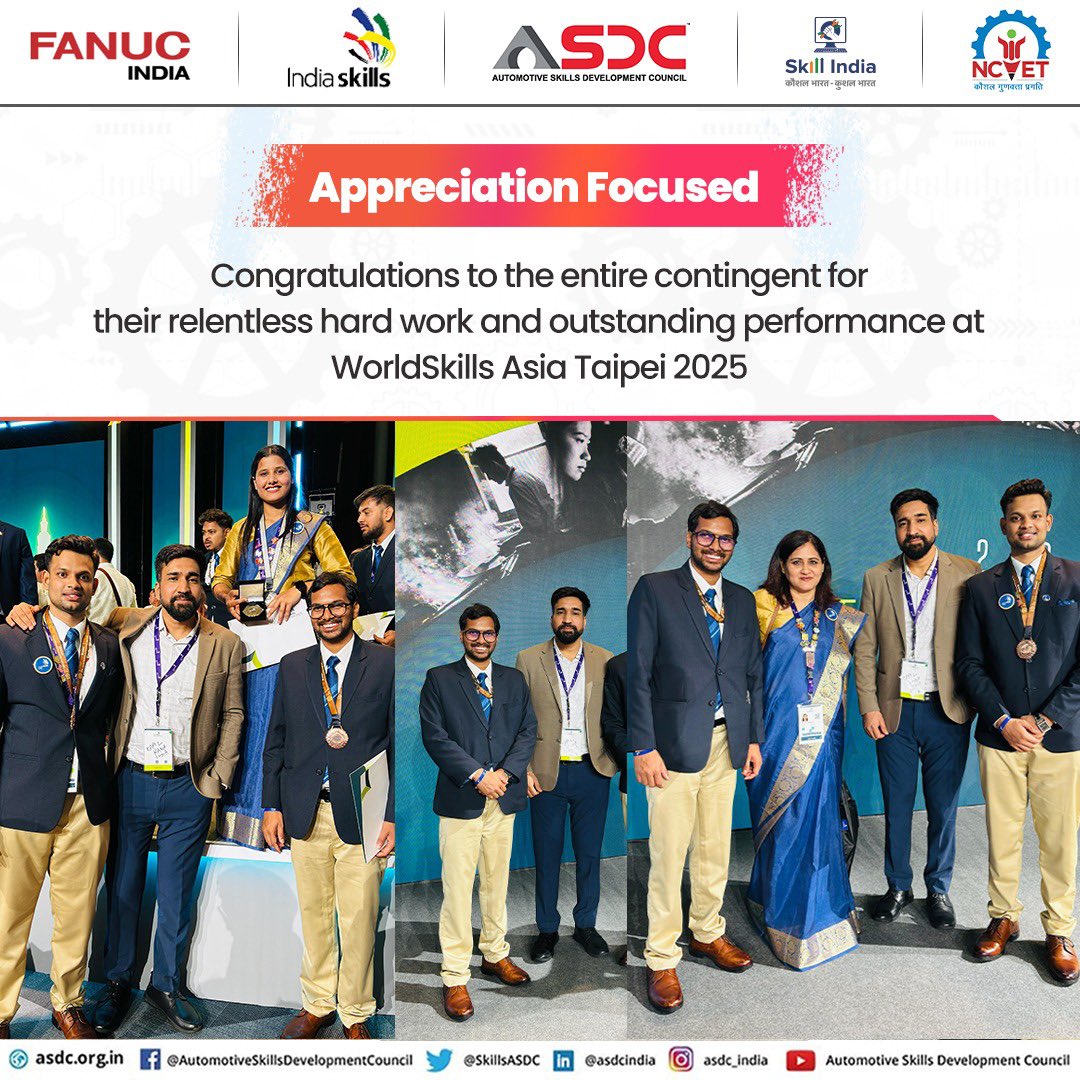 SkillsASDC's tweet photo. A proud moment for all of us as Team India secured the Bronze Medal in Robot System Integration at WorldSkills Asia Taipei 2025.
#WorldSkillsAsia #Taipei2025 #TeamIndia #RobotSystemIntegration #BronzeMedal #IndiaShines #SkillIndia #GlobalSkills #FutureOn #HandsOnFutureOn https://t.co/yGN4WMS19o