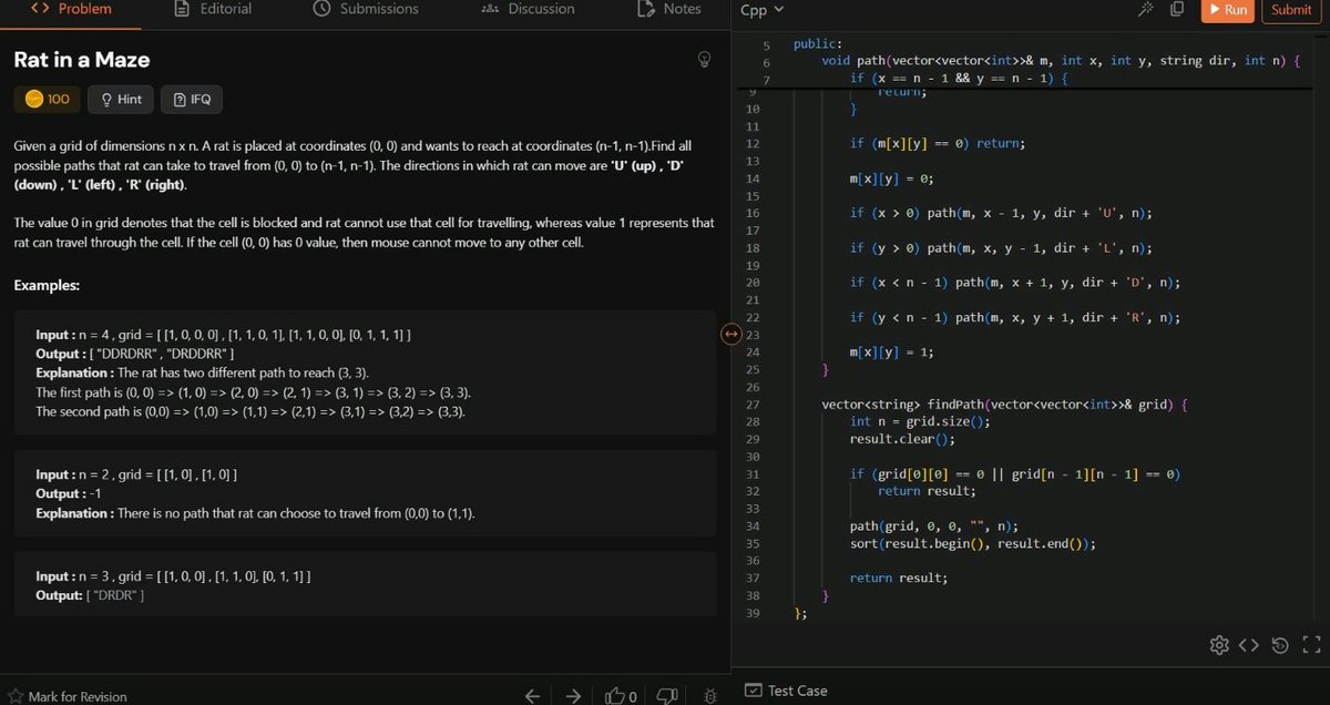 jsambhav5's tweet image. #Day425 of #500DaysOfDSA

Topics and Learnings: #Recursion

Problems Re-revised:
45. #TUF+ : Rat in a Maze

Approach:
Used Recursion to solve this

Complexity Analysis:
TC: (4^(N^2))
SC: O(N^2)