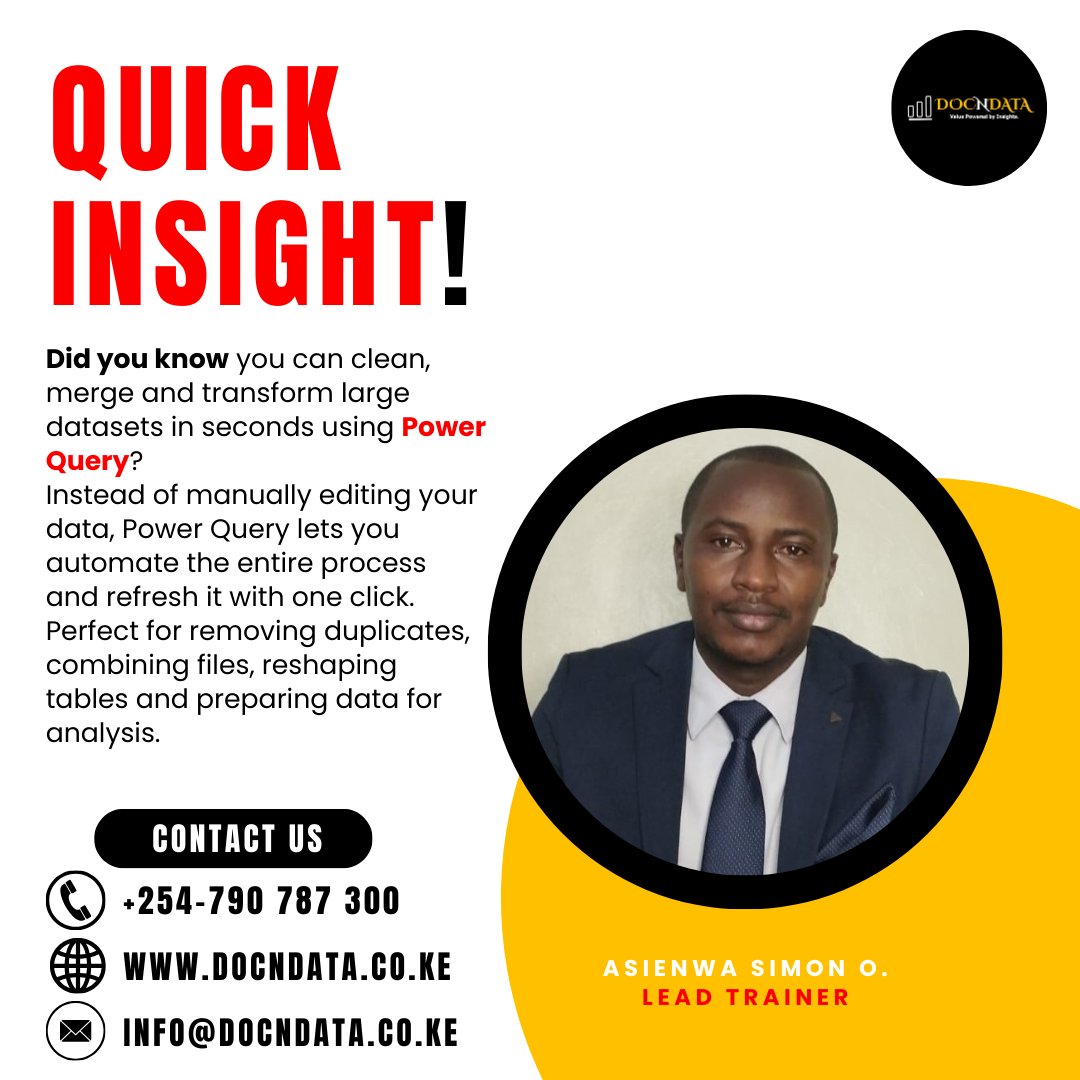 docndata's tweet image. Every Advanced function in Excel solves a real world problem. Learn the function, master the solution.
docndata.co.ke/training/advan…
Call/Whatsapp 0790 787 300
.
.
.
#AdvancedExcel #excel #AdvancedExcelTraining #AdvancedExcelCourse #nairobikenya #docndata