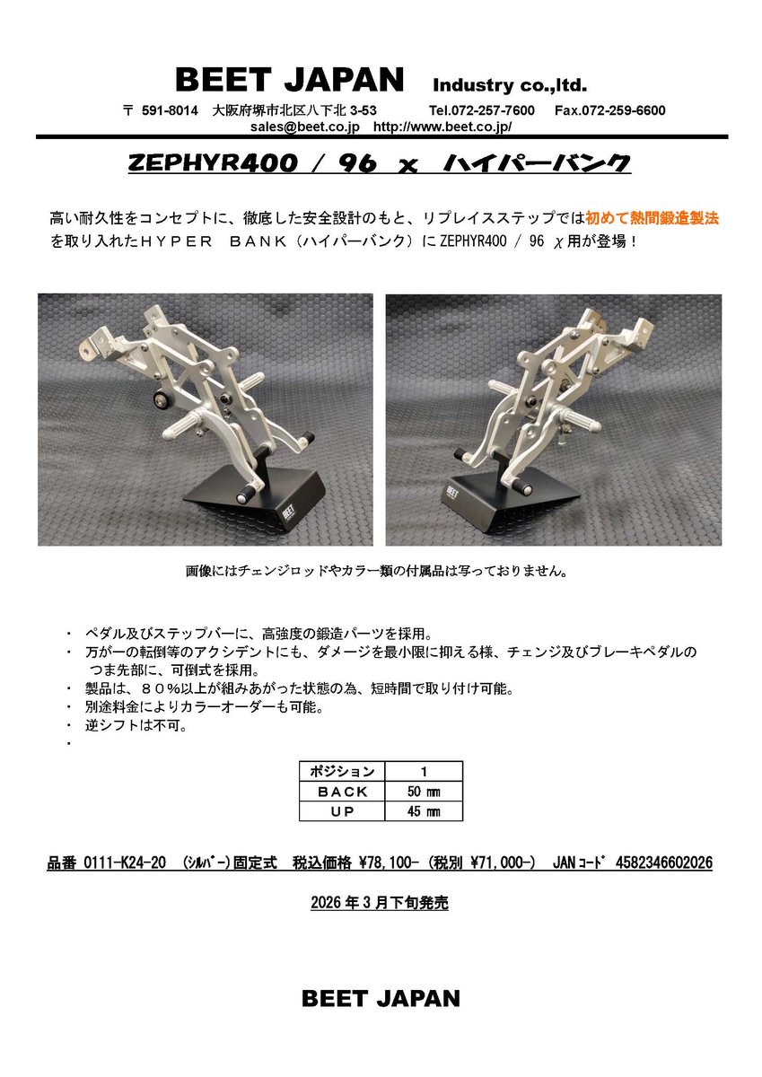 新製品のお知らせです。 ZEPHYR400/96 χ用のハイパーバンクになります