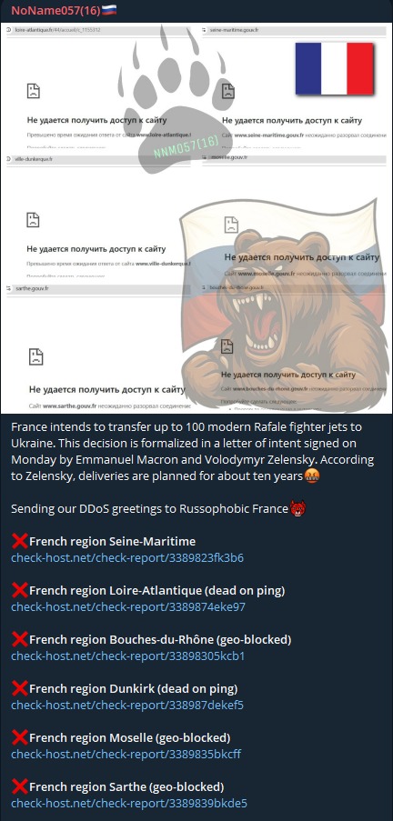 FalconFeedsio's tweet image. 🚨 DDoS Alert  🇫🇷

NoName claims to have targeted multiple websites in France.

- Prefecture of Seine-Maritime
- Departmental Council of Loire-Atlantique
- Prefecture of Bouches-du-Rhône
- City of Dunkirk
- Prefecture of Meurthe-et-Moselle
- Prefect of Sarthe
