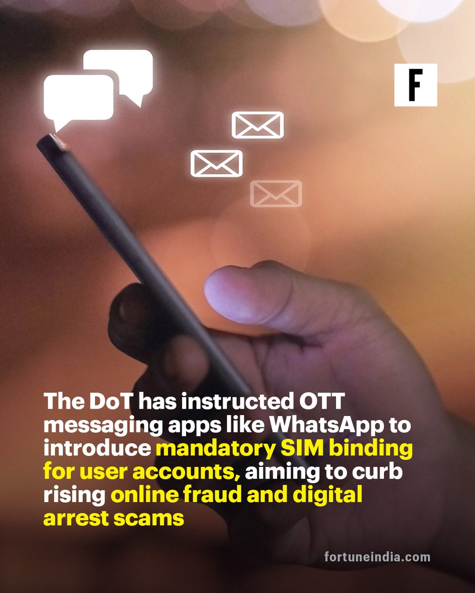 FortuneIndia's tweet image. [Part 1/2]
WhatsApp is now classified as a “Telecommunication Identifier User Entity”, meaning it must follow strict verification and security rules like telecom operators.

@DoT_India  

#WhatsAppUpdate #SIMVerification #CyberSecurity #TelecomRules #DigitalSafety #MessagingApps…