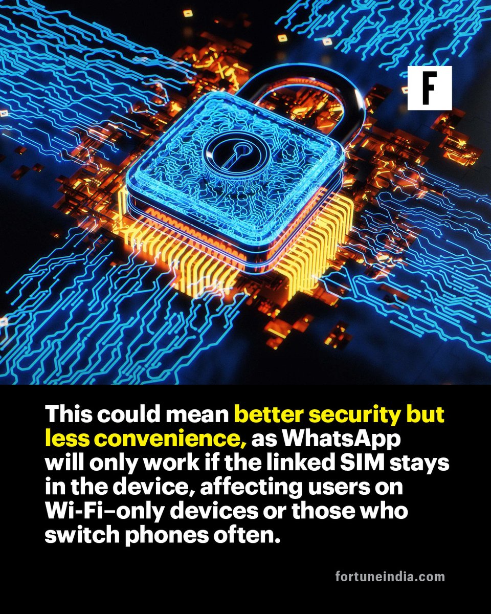 FortuneIndia's tweet image. [Part 2/2]
The app will stop working if your registered SIM is removed, replaced, or deactivated. These changes will roll out within 90 days.

@DoT_India  

#WhatsAppUpdate #SIMVerification #CyberSecurity #TelecomRules #DigitalSafety #MessagingApps #TechNews