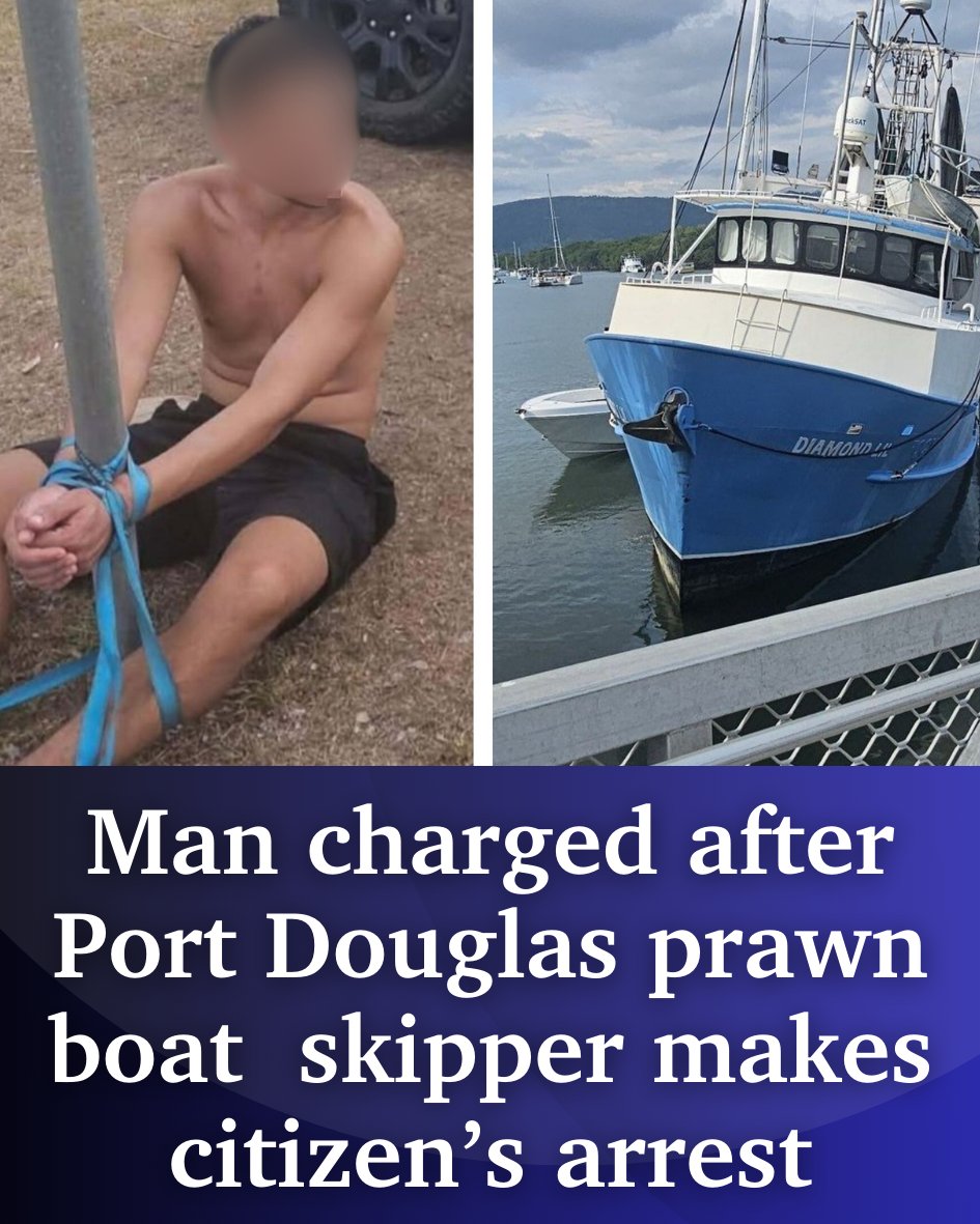 A man has been tied to a signpost in a Port Douglas citizen’s arrest by the skipper of a prawn boat after the would-be thief allegedly tried to steal the vessel from the jetty. ➡️ bit.ly/4iybFTF