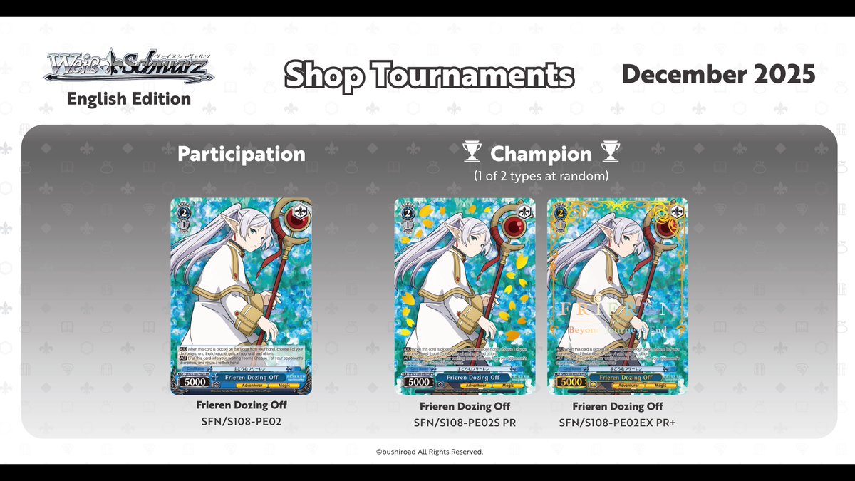 BushiroadEvents's tweet photo. ⚔️ Weiß Schwarz Tournaments ⚔️
Let your spells echo through the ages! Test your skills in these tournaments this December! Registrations are now live on Bushi Navi!
Meister Cup: https://t.co/br2FGvfYRl
Shop Tournaments: https://t.co/vfGQoIqyXv
#WeissSchwarz #MeisterCup #TCG