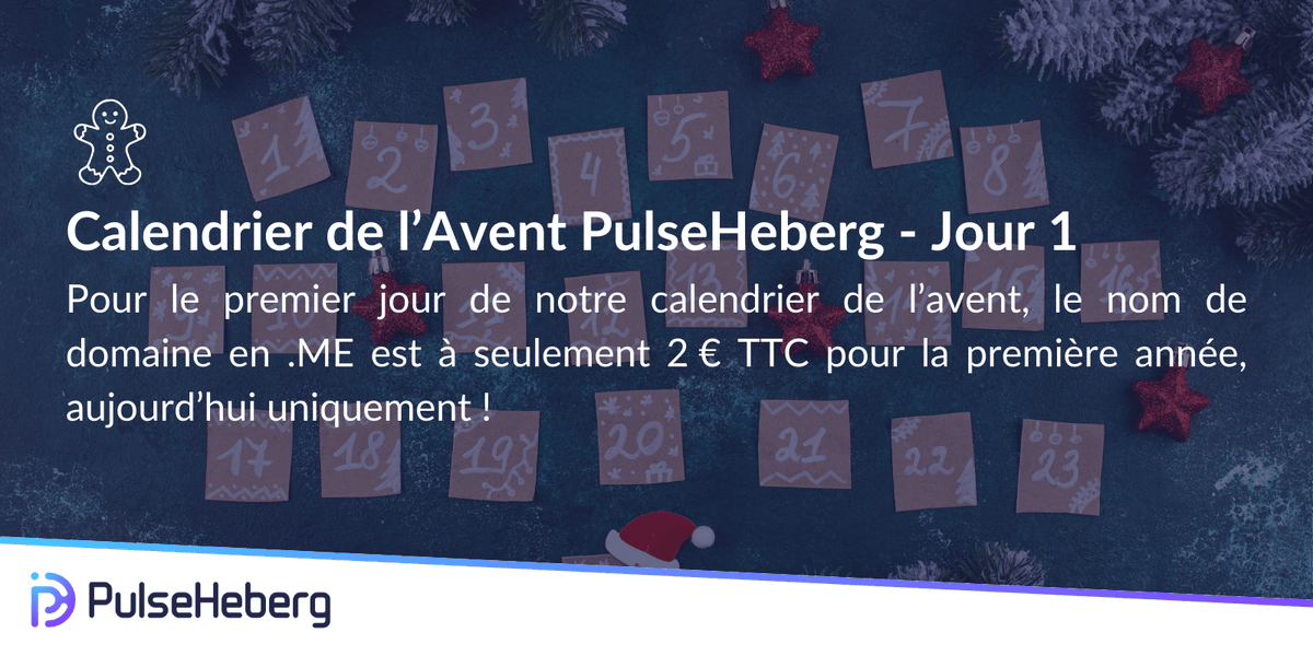 pulseheberg's tweet image. 🎁 Jour 1 du calendrier de l’avent PulseHeberg : votre domaine .ME à 2€ TTC la première année ! 

⏰ Offre valable jusqu’à minuit aujourd'hui seulement

▶️ avent.pulseheberg.com