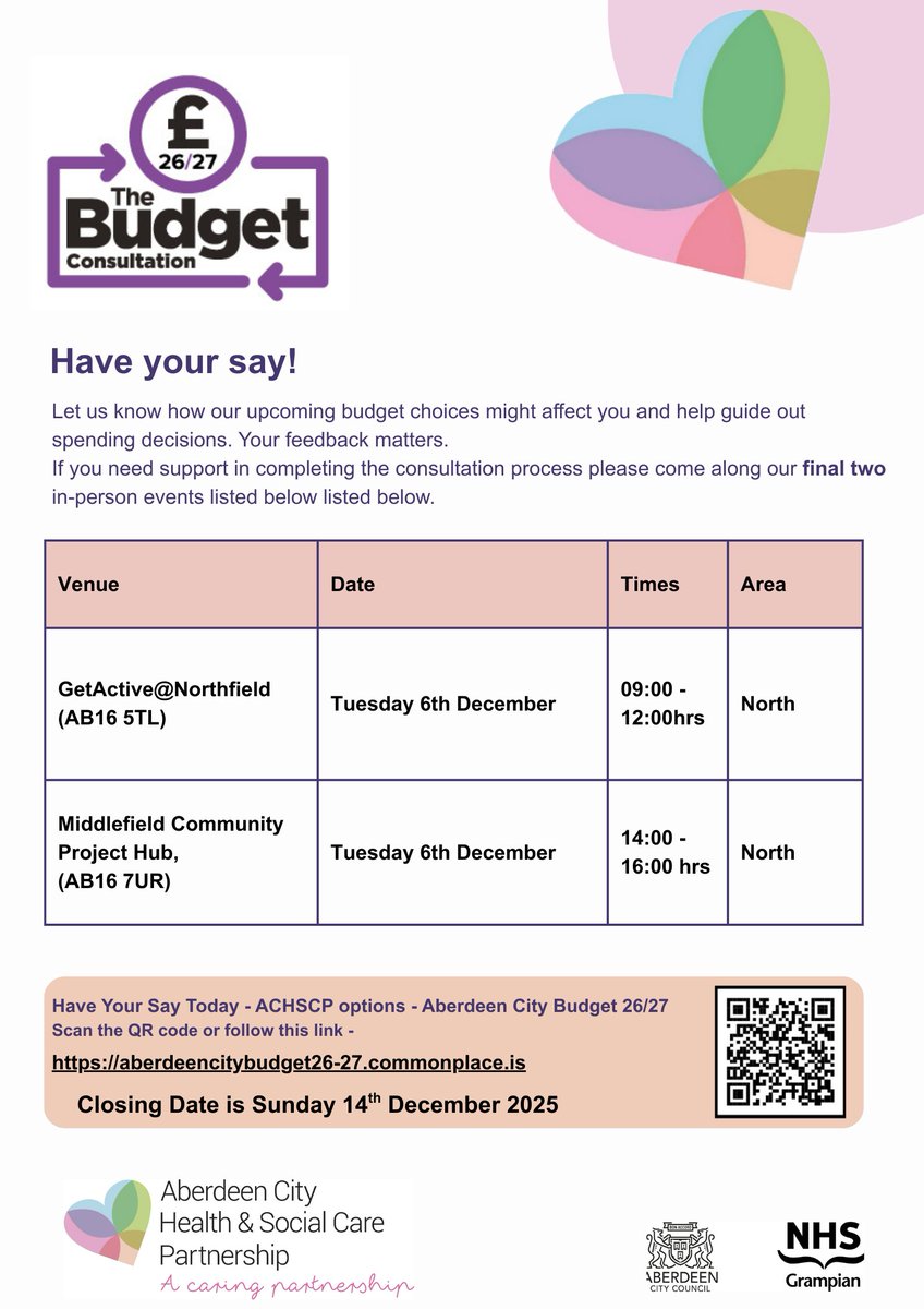 HSCAberdeen's tweet image. Tomorrow is the last chance to join us at our in person Budget Consultation event with @AberdeenCC 🫱🏻‍🫲🏽 
Our public consultation is open online until 14th Dec 2025. Take part here 💻  : orlo.uk/ACHSCP_Budget_…
#HaveYourSay #JointConsultation @NHSGrampian @bonaccordcare