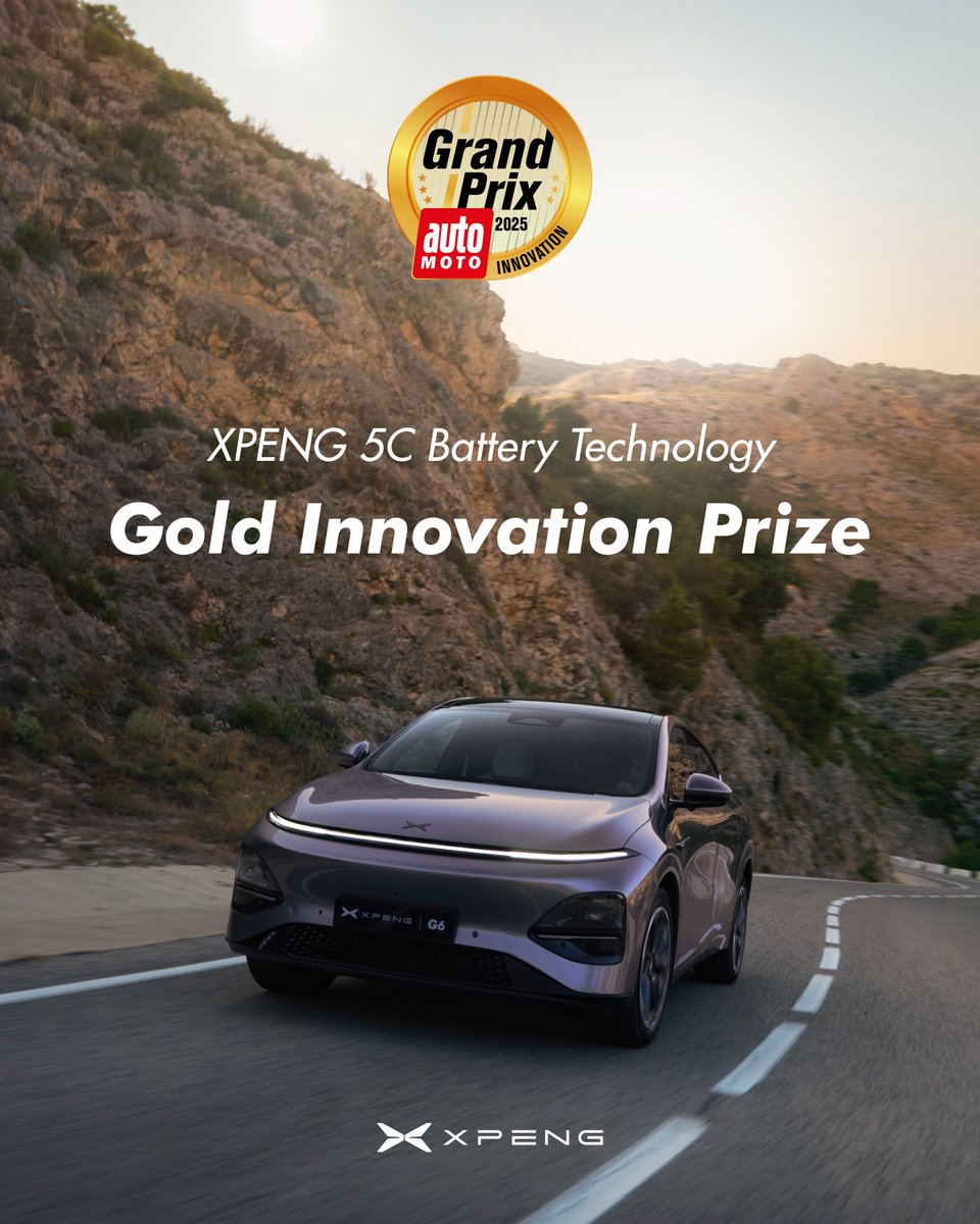 XPengMotors's tweet image. XPENG wins the 2025 Gold Innovation Prize!🏆
Awarded by Auto Moto magazine, this prize recognizes our 5C ultra-fast charging technology - delivering 10% to 80% in just 12 minutes.  
$XPEV