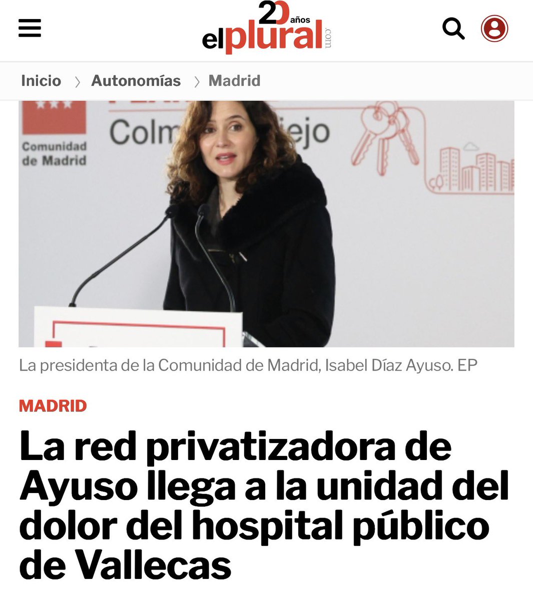 320.000 vecinos de Vallecas sin unidad del dolor en su hospital público.

La solución de Ayuso: privatizar. Hasta 456.000€ para una privada en lugar de crear el servicio en el propio hospital.

El modelo de siempre: vaciar lo público y llenar lo privado.
elplural.com/autonomias/mad…