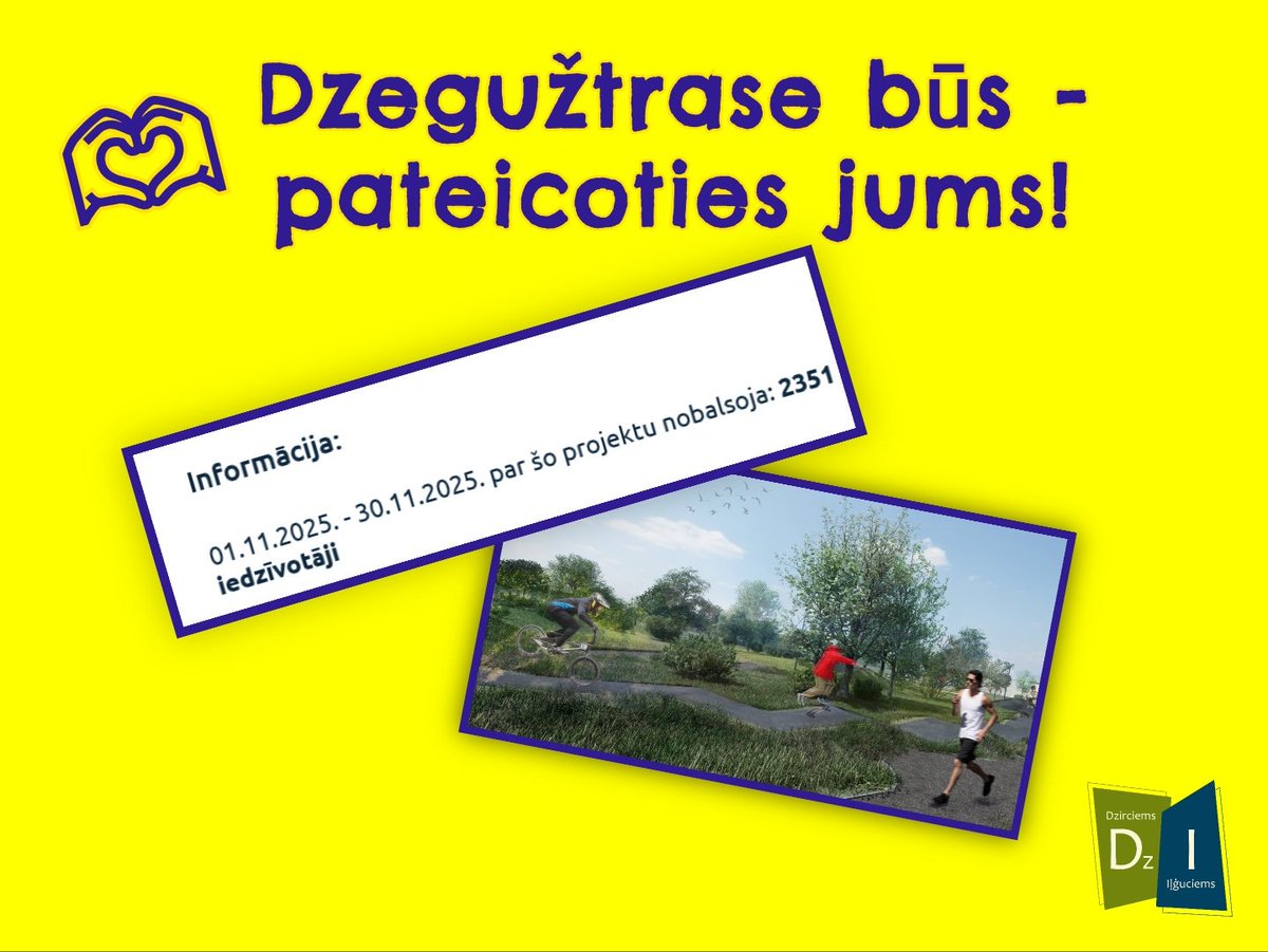 Dzirciems's tweet photo. 😊 “Dzegužtrase” būs – tieši pateicoties jums!
🎉 Vakarnakt spraigais līdzdalības budžeta konkurss noslēdzās ar lielisku rezultātu – ar 2351 balsi esam ieguvuši vislielāko atbalstu! 
🙏 Milzīgs paldies ikvienam, kurš balsoja un dalījās! https://t.co/t37r2OL7pb https://t.co/jlqFbnxG4W