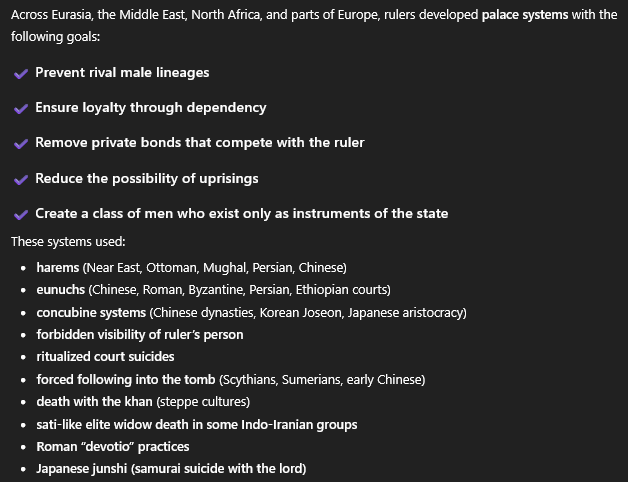 PortobelloTato's tweet image. The “Court-State Pattern of Total Power.”

This pattern has 5 components:

Sacred Monad.
Supreme Leader.
Eunuchs.
Harem Logic.
Ritual of Alien Language.
Elimination of Dyads

This existed long, long before Marx and is never quite eliminated, because people love dissimulation.
