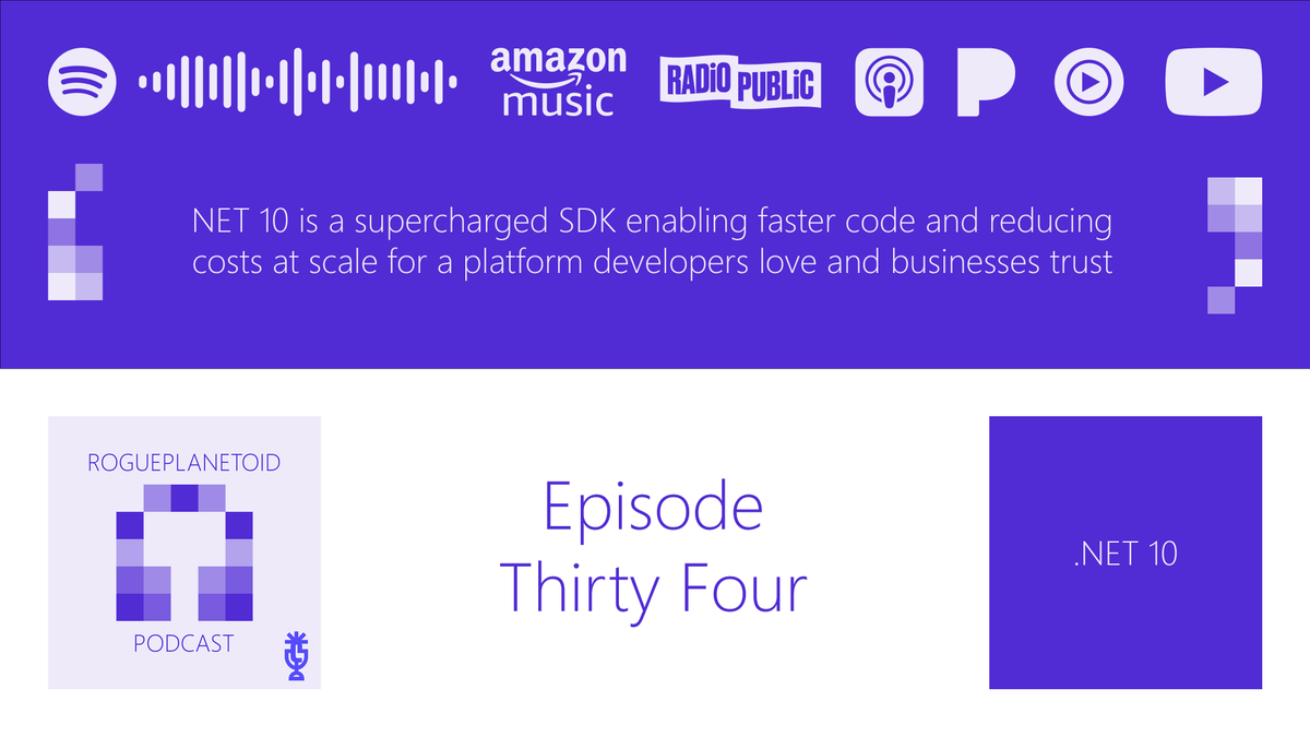 RoguePlanetoid's tweet image. Listen to RoguePlanetoid Podcast - Episode Thirty Four - .NET 10 now at rogueplanetoid.com/podcast/episod… or wherever you listen to your podcasts. .NET 10 is a supercharged SDK enabling faster code and reducing costs at scale for a platform developers love and businesses trust #dotnet10