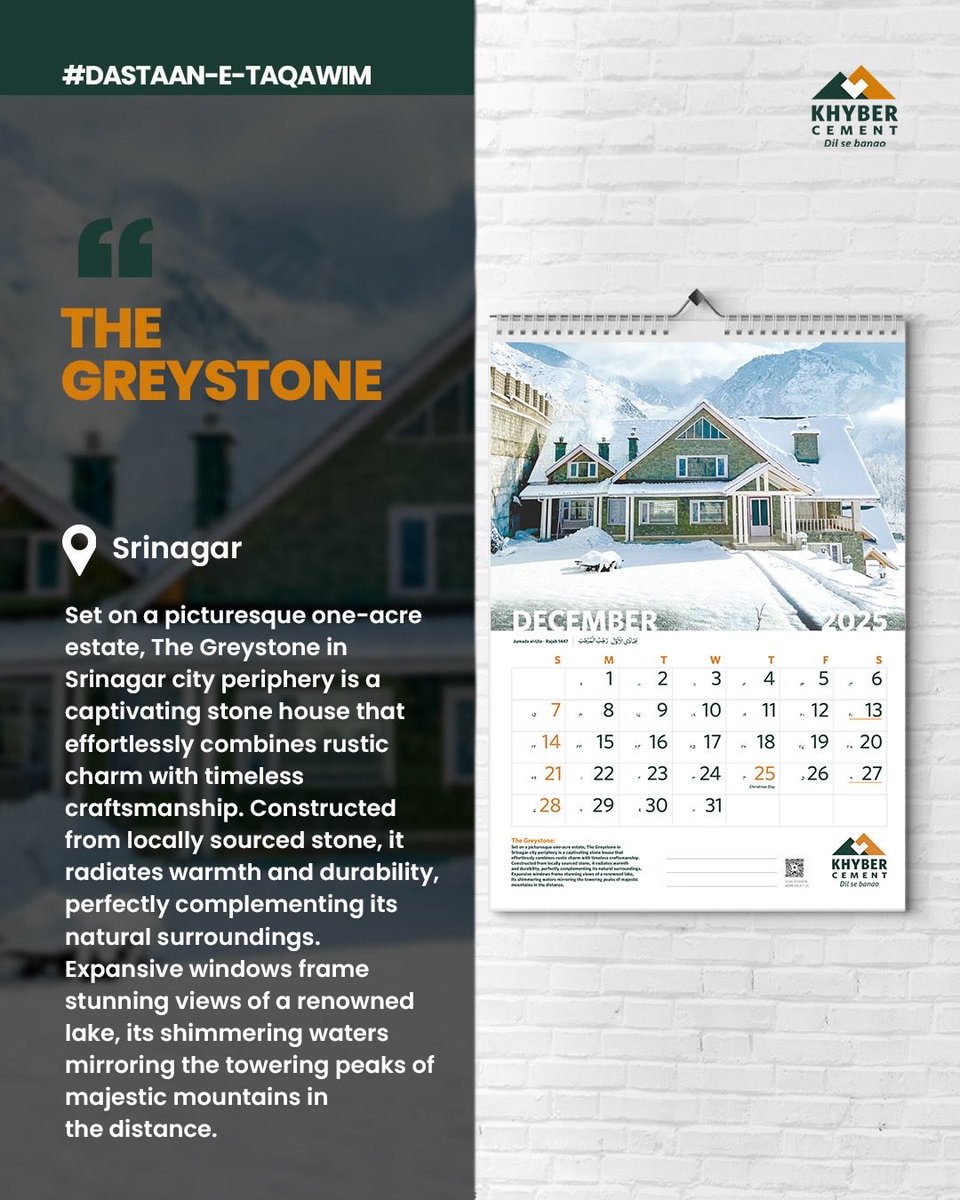 The Greystone
A charming stone home on a quiet one-acre estate near Srinagar, built with locally sourced materials. Its warm, durable design blends with nature and offers stunning lake and mountain views.

#KhyberCement #DilSeBanao

[Khyber Cement, Dil Se Banao]