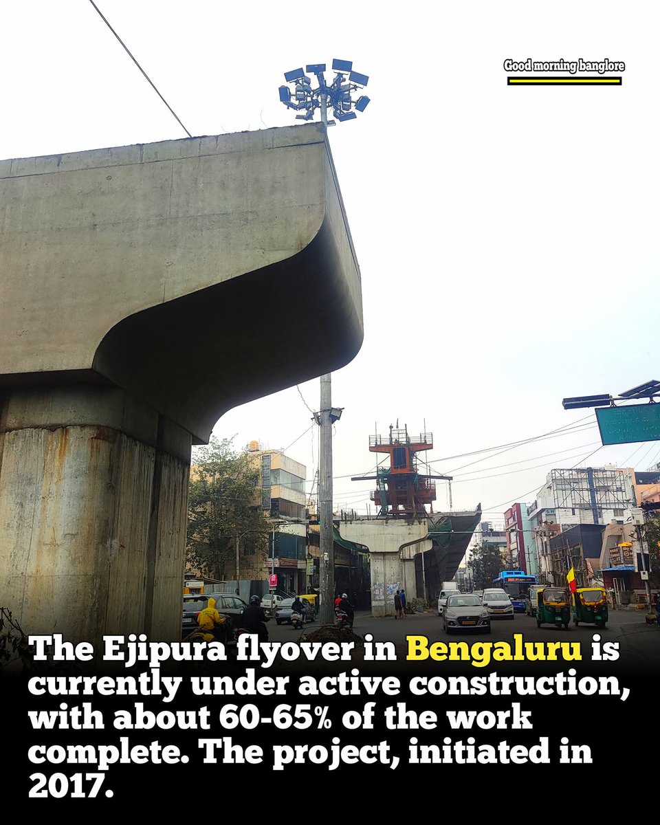 The Ejipura flyover in Bengaluru is currently under active construction, with about 60-65% of the work complete. Around 70 out of 84 pillars have been erected, and many segments of the flyover structure are installed.

Authorities are aiming to complete the flyover by June 2026.