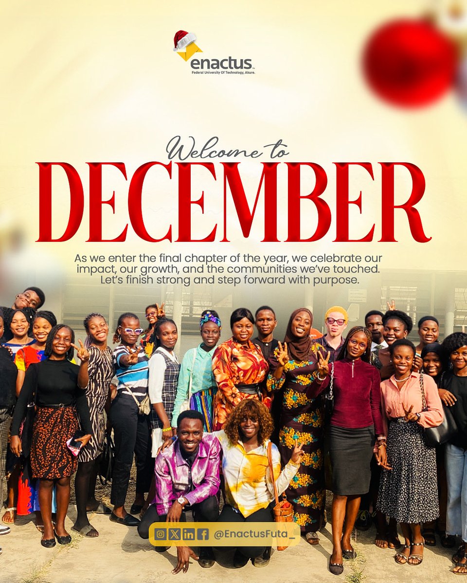 Happy New Month, Enactus Family 💛
We’re stepping in with fresh energy, bold ideas, and a stronger drive for impact.
Every idea and every effort matters.
Let’s make this final lap of the year unforgettable. #EnactusNigeria #innovation #EnactusFuta