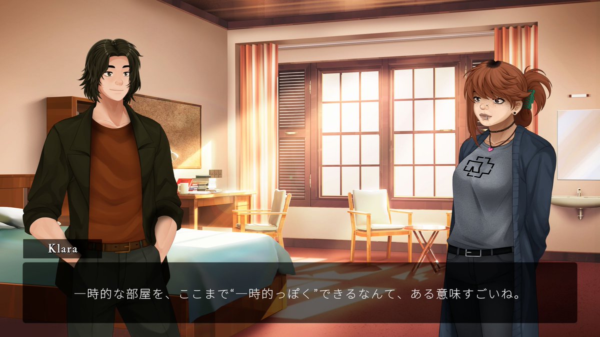 itwasthatsummer's tweet image. サマースクールの寮：
・狭い
・家具は最低限
・そしてクララのコメントが一番刺さる。
「一時的っぽさ、倍増。」

#ItWasThatSummer #ビジュアルノベル #ノベルゲーム #ゲーム制作中 #インディーゲーム #イットワズザットサマー  #ビジュアルノベル #VisualNovel