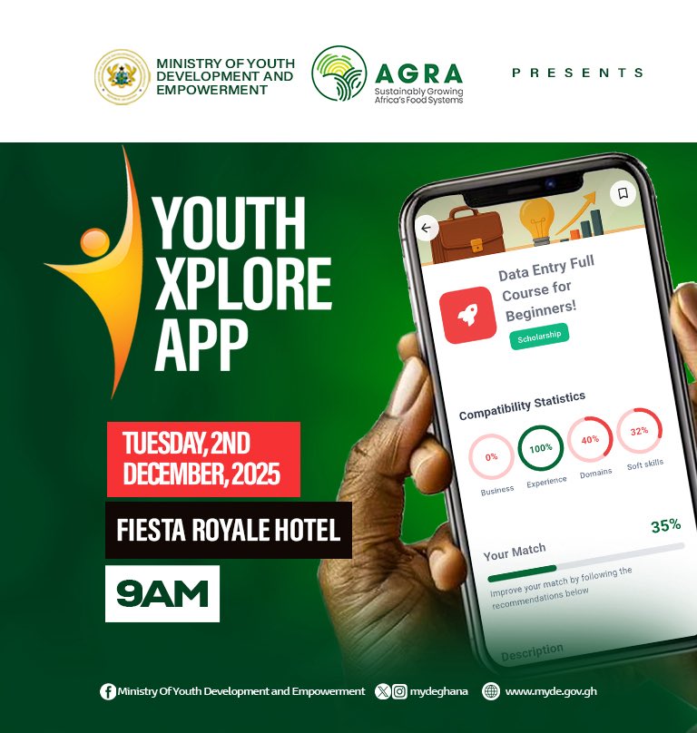 georgeoaddo's tweet image. On Tuesday, December 2, 2025, the Ministry of Youth Development &amp;amp; Empowerment, in collaboration with AGRA, will launch the National Youth Tracker Platform and the YouthXplore Mobile App. This marks Ghana’s first unified, AI-driven system that consolidates youth data across the…
