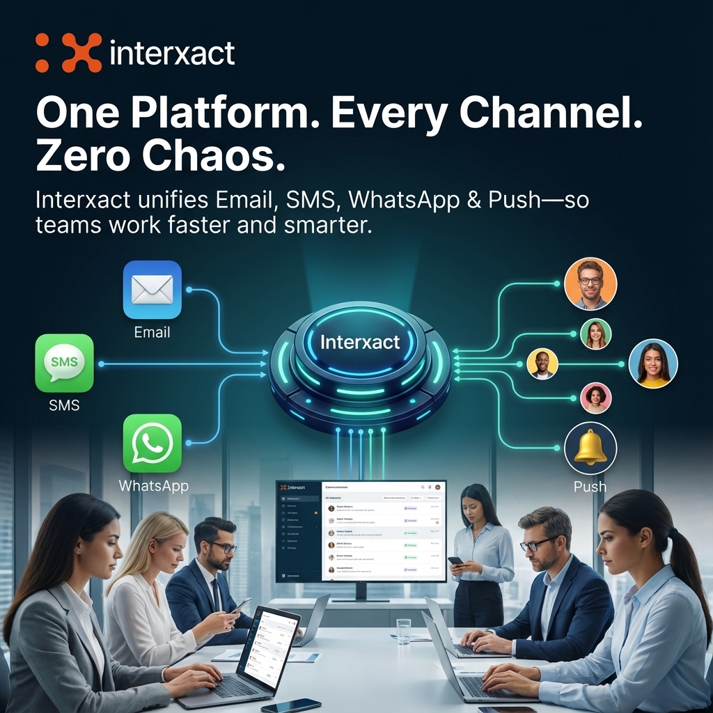 Interxact_com's tweet photo. Juggling Email, SMS, WhatsApp &amp; Push across tools = chaos.

Interxact brings it all into one platform.
No silos. No switching tabs. No missed messages.

Faster replies. Cleaner workflows. Happier customers.
Unified communication starts with Interxact.
 
#OmnichannelPlatform https://t.co/mAxxjUIdCJ