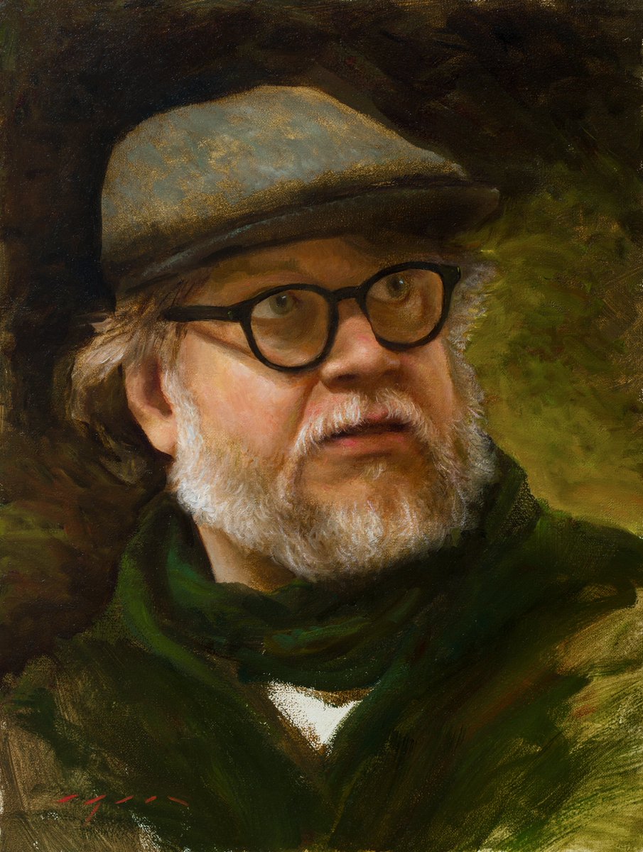 A portrait of Guillermo del Toro on the set of Frankenstein. Oil on panel
