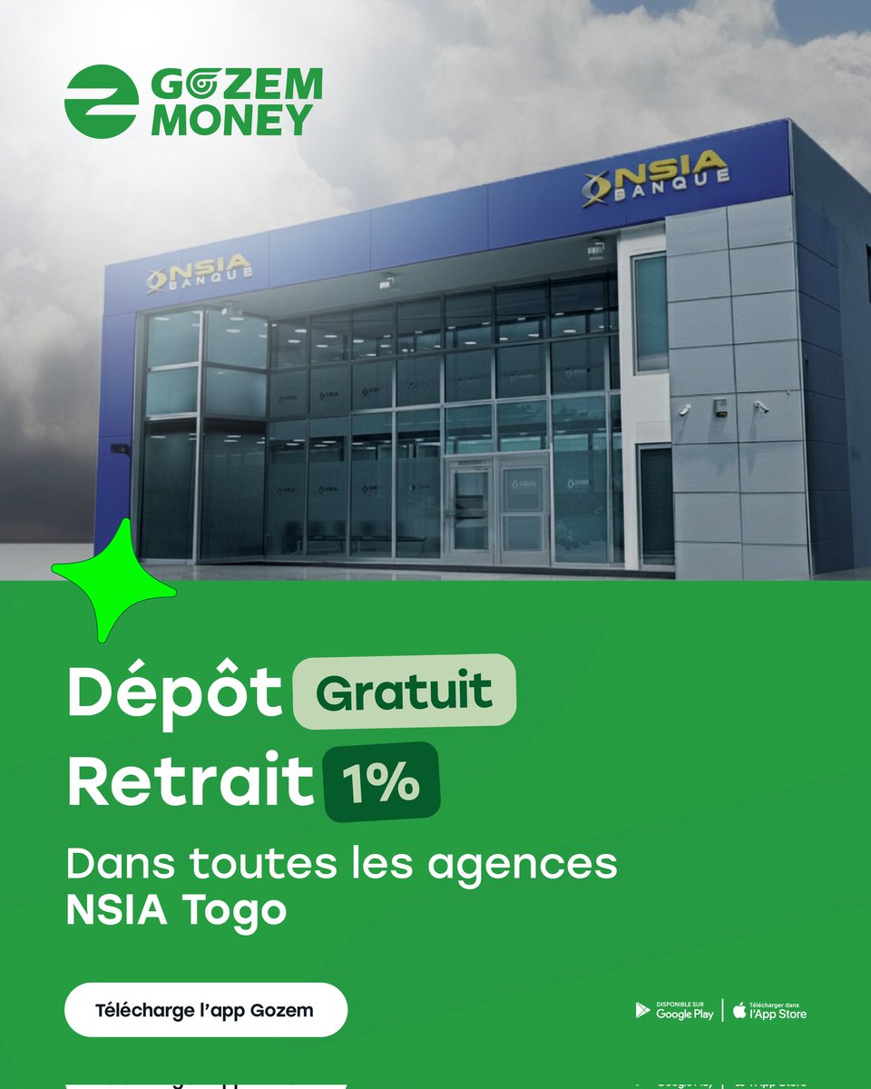 Désormais, effectuez vos dépôts et retraits Gozem Money dans toutes les agences NSIA Banque Togo  !

​Retrait à seulement 1% 💚

​#GozemMoney #GozemTogo #NSIABanque