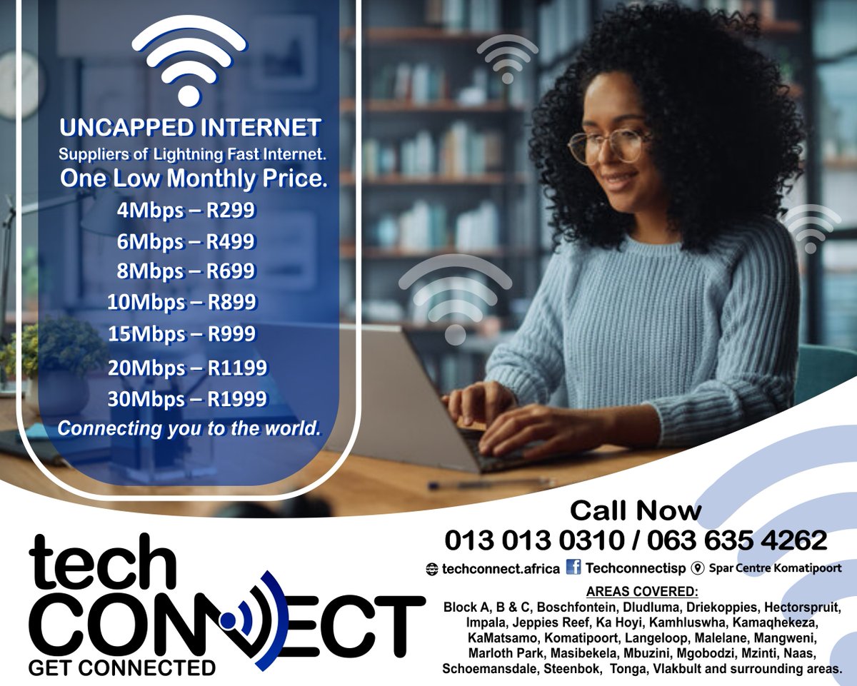 GorePrinting's tweet image. techConnect Komatipoort, Mpumalnga- Your partner for uncapped internet solutions! GET CONNECTED TO LIGHTNING-FAST INTERNET!

Call us: 0130130310 / 0636354262
Visit our website: techconnect.africa
Stay connected, stay productive!

#TechConnect #UncappedInternet #internet