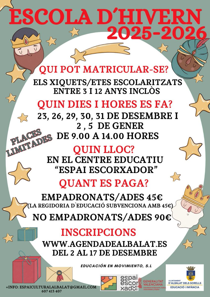 EL 2 DE DESEMBRE S'OBRI LA INSCRIPCIÓ PER A L'ESCOLA D'HIVERN 2025-26 (REGIDORIA D'EDUCACIÓ I INFÀNCIA)
Del 2 al 17 de desembre estarà oberta la inscripció per a matricular-se en l'Escola d'Hivern 2025-26. Es realitza a través de la plataforma agendadealbalat.es.
