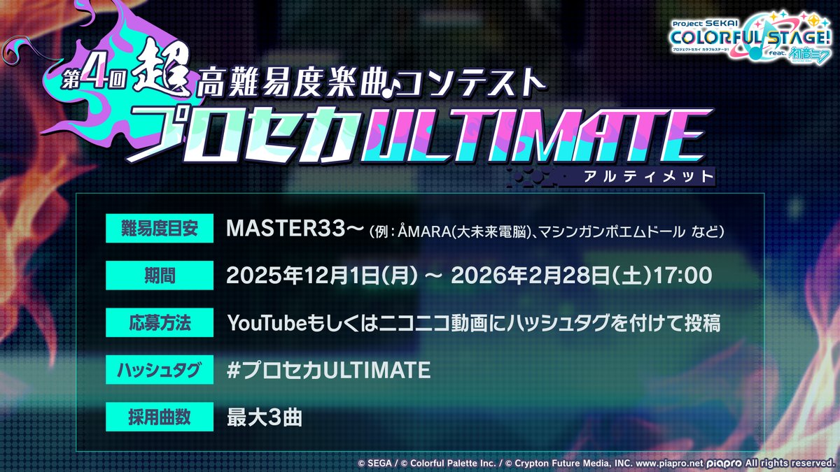 pj_sekai's tweet image. 💥第4回超高難易度楽曲コンテスト
プロセカULTIMATE🎶

超高難易度に特化した楽曲を募集✨

詳細はこちら👉pjsekai.sega.jp/news/archive/i…

#プロセカ
