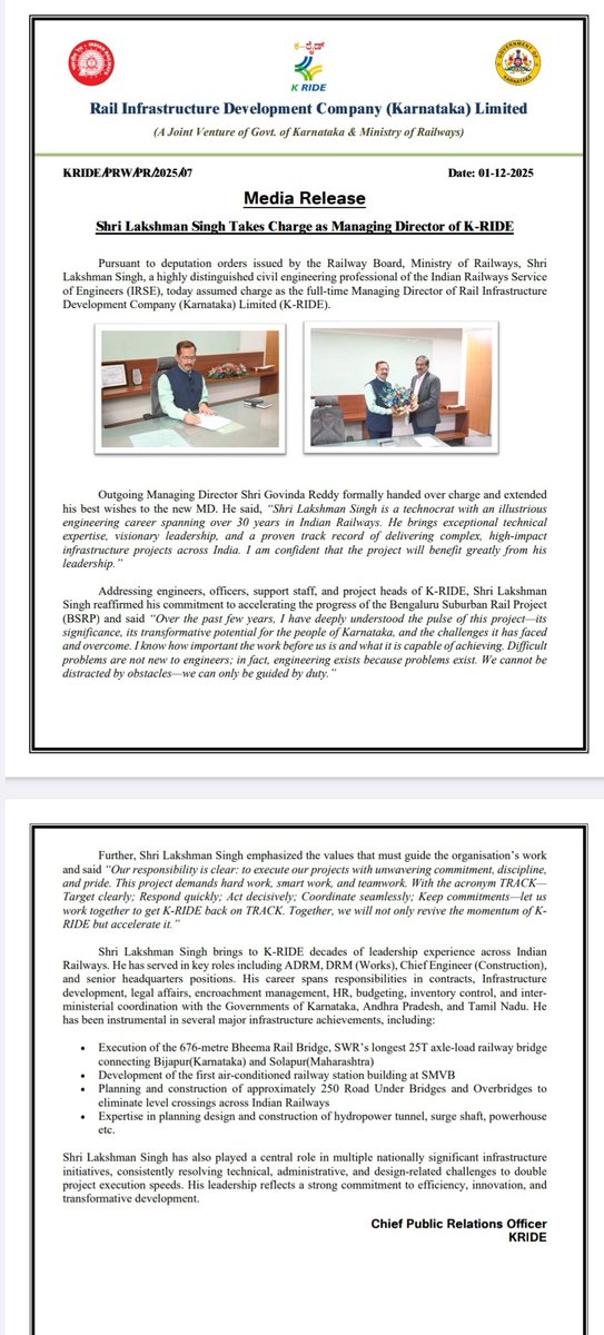 ChristinMP_'s tweet photo. Bengaluru: Lakshman Singh, senior IRSE officer, has assumed charge as the full-time MD of @KridePrm following Railway Board orders. Singh said he is committed to accelerating the Bengaluru suburban rail project & urged staff to work with discipline and teamwork, using the TRACK mantra to restore & boost K-RIDE’s momentum @RailMinIndia