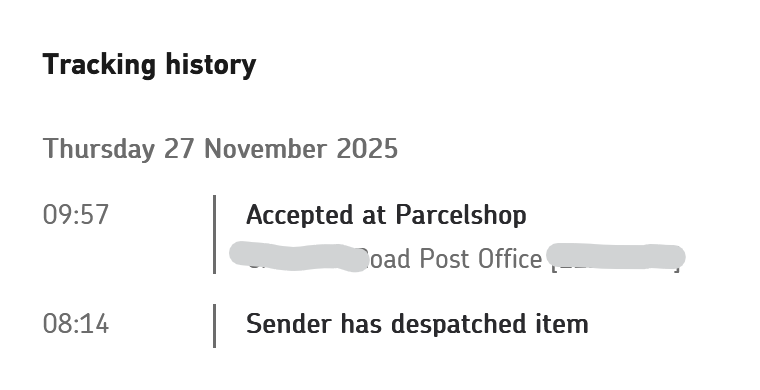 callie13smith's tweet photo. @RoyalMail Hello,
I dropped off a parcel on Thursday and it doesn't seem to have moved since. I keep looking at the tracking but nothing's happened. It's 48hr Tracked so should have been there Saturday. https://t.co/WnjUObJpKL