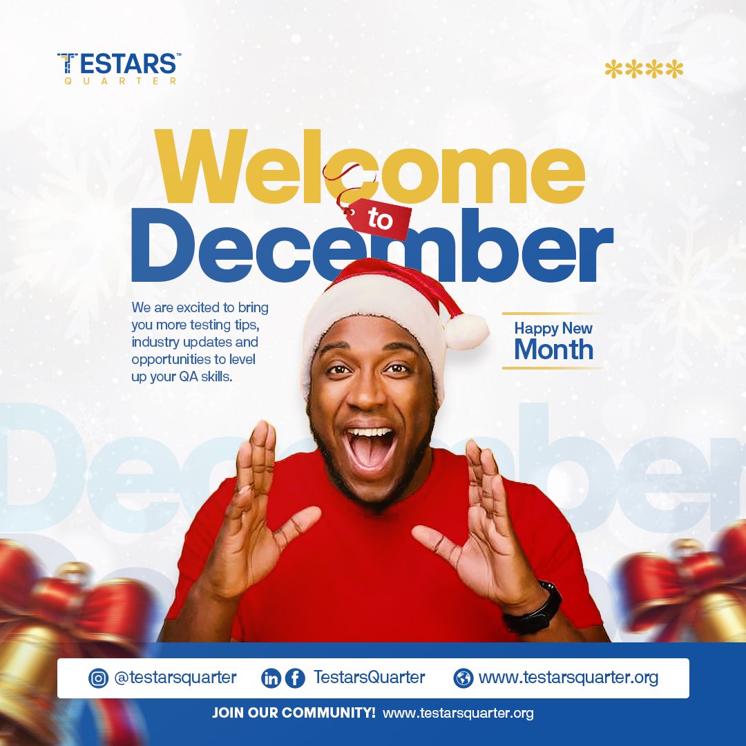 Happy New Month, Testars! 🎄✨
December is here and so is the festive season—a time to reflect, celebrate, and appreciate how far we’ve come.
Let’s wrap up the year with learning, progress, and a little joy along the way.
Have a thrilling December! 🤩

#december #happynewmonth