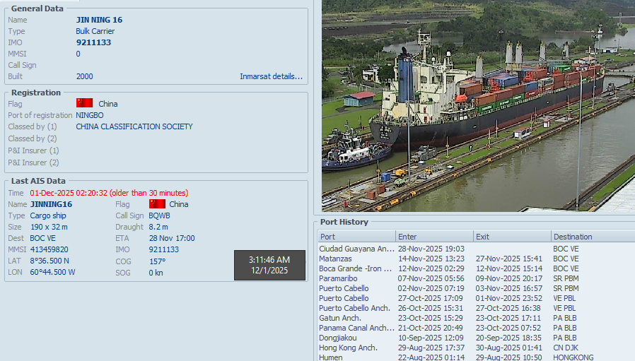 FlconEYES's tweet photo. JIN NING 16 9211133
Bulk Carrier
Bandera de China, cargo en puerto #Matanzas #Orinoco
#VesselAlert #AIS #Maritime #OSINT #1Dec https://t.co/gansC8sQsS