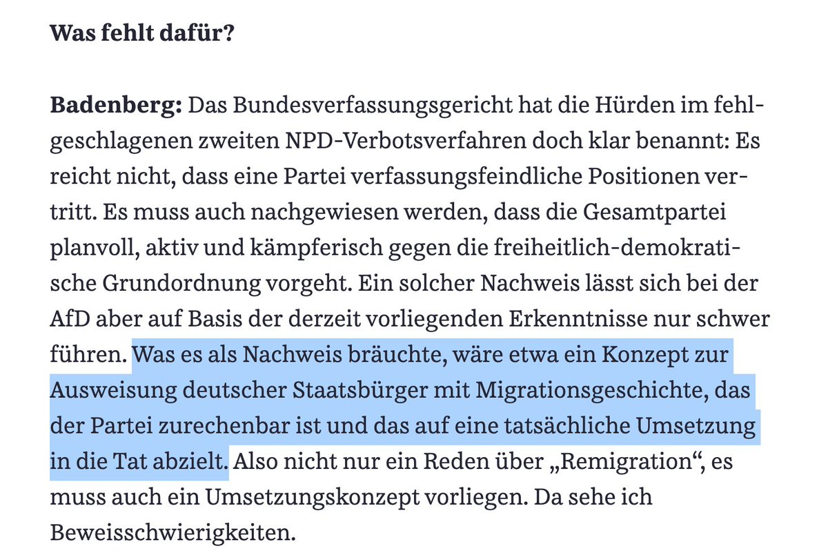 ER_Bayern's tweet image. 1⃣ Quellencheck: Parteienverbot /  @AfDVerbot_Jetzt 
Felor Badenberg (Justizsen. Berlin) in der @SZ:
Es braucht Nachweis für Konzept, wann die AfD welche Staatsbürger mit Migrationshintergrund ausweisen würde. Reden alleine reiche nicht. #factcheck