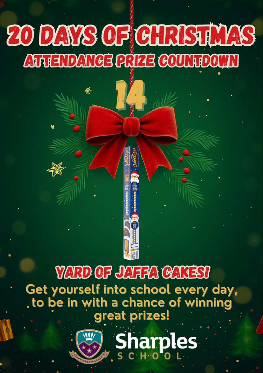 SharplesSchool's tweet photo. Day 7 prize announcement: A Metre of Jaffa Cakes! #attendancedraw 💜 https://t.co/Rmc9VTY6oE