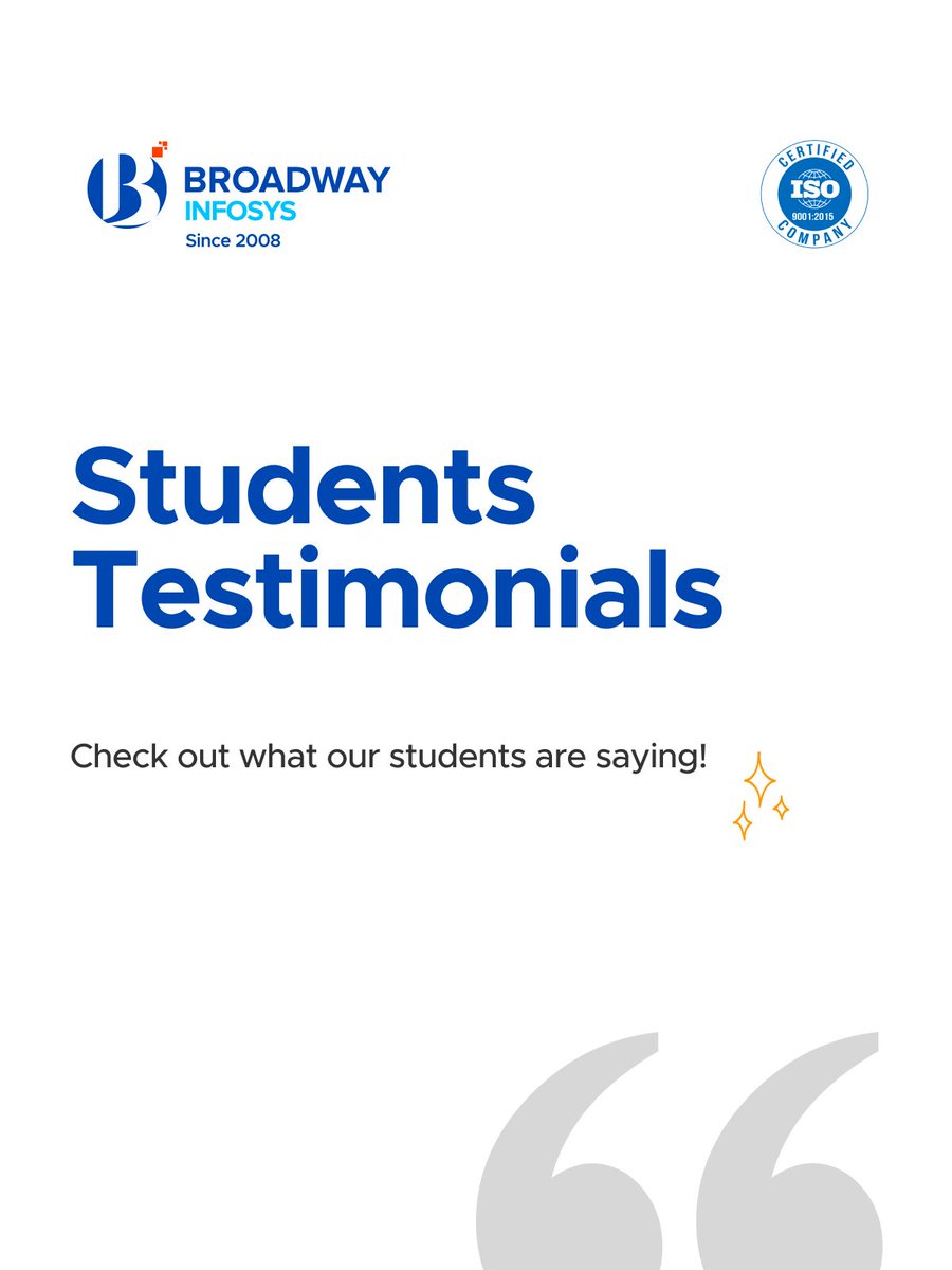 broadwayinfosys's tweet image. Hear what our students have to say about their transformative learning journey at Broadway Infosys - where dreams meet skills.
For further insights and to hear more success stories, visit the link for more information: buff.ly/Ti4NkmX 

#StudentTestimonial