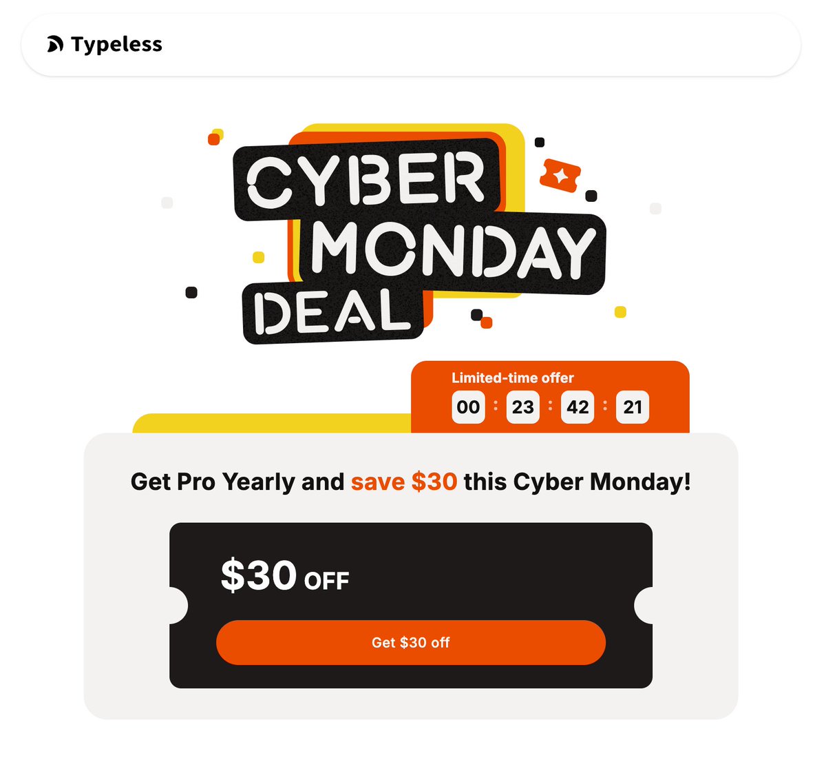 huang_song_'s tweet image. Last hours of Cyber Monday.

If you want the smartest voice dictation tool, @typelessdotcom, which literally saves you a full day every week, this is your moment.

Grab it now to save $30: typeless.com/pricing