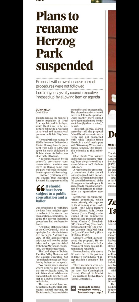 Sport4Palestine's tweet image. Today&apos;s Irish Times with Rename Herzog Park on front page story, editorial, opinion page, and a veritable slew of letters. PILE-ON! @IrishTimes hundreds of journalist killed by Israeli Occupation Forces (IOF) just like Chaim Herzog who served in the IOF,  and you cannot find it…