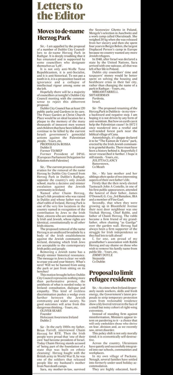 Sport4Palestine's tweet image. Today&apos;s Irish Times with Rename Herzog Park on front page story, editorial, opinion page, and a veritable slew of letters. PILE-ON! @IrishTimes hundreds of journalist killed by Israeli Occupation Forces (IOF) just like Chaim Herzog who served in the IOF,  and you cannot find it…