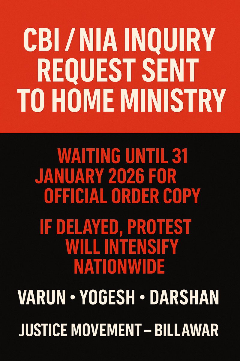 YogeshDars72122's tweet image. CBI/NIA inquiry request submitted. Waiting till 31 Jan 2026.
Justice cannot wait. 🕯️

#JusticeForVarunYogeshDarshan #JusticeCannotWait #Billawar #CBIInquiryNow