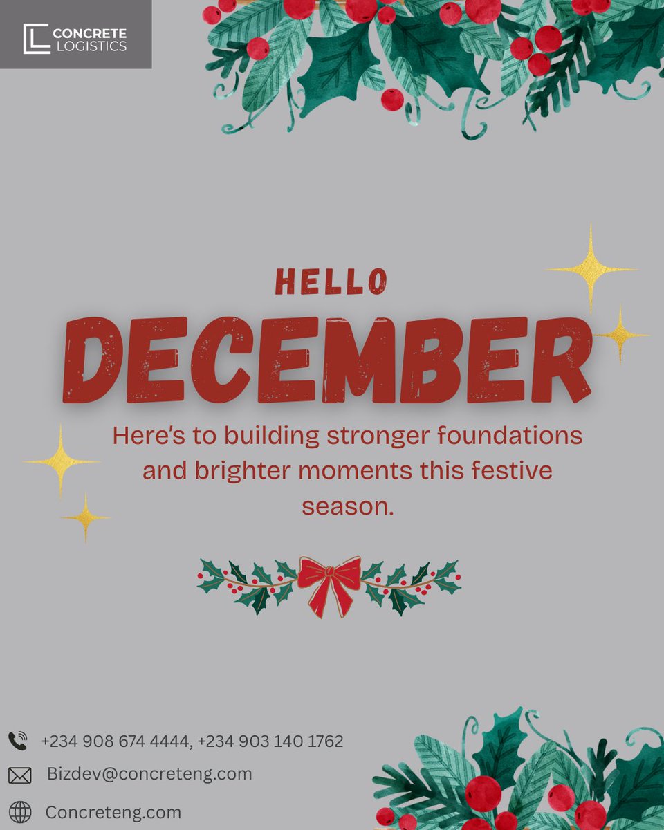 ConcreteLogLtd's tweet photo. Hello December!

At Concrete Logistics Limited, we’re grateful for the foundations we’ve built this year in our projects and our partnerships. Here’s to a month filled with progress, purpose, and strong finishes. Let’s close the year on solid ground.

#ConcreteLogistics https://t.co/G4IEB6xrUI