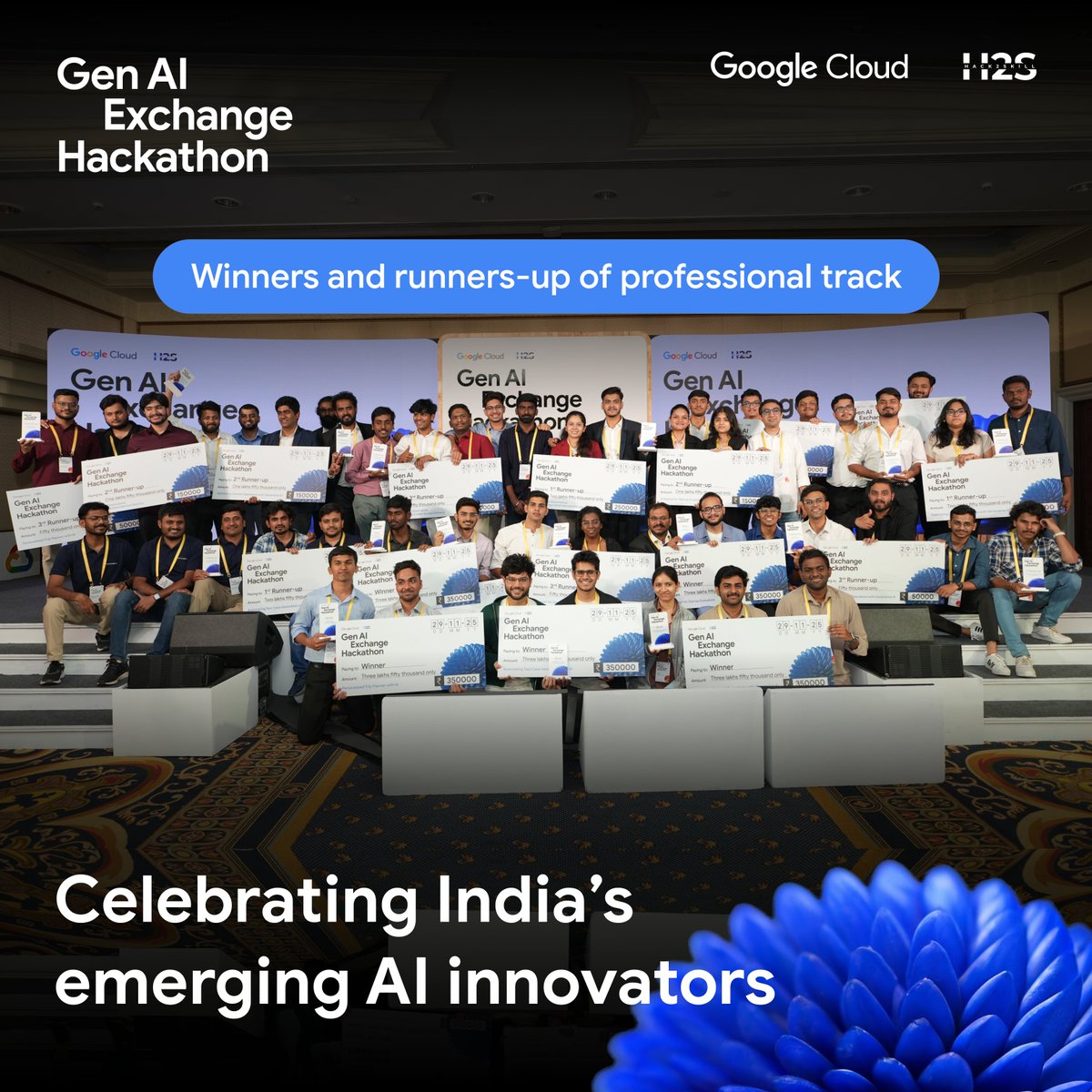 hack2skill's tweet image. We have our winning teams! 🏆🎉

The #GenAIExchange Hackathon 2025 by @googlecloud celebrates these champions on the national stage! Their innovative AI prototypes demonstrate remarkable potential for real-world impact. 🚀

Best wishes for their incredible journey ahead!