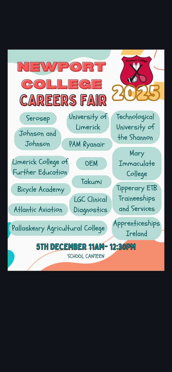 NewportCollege's tweet photo. We are holding a careers fair in our school canteen on friday 5th December from 11am- 12:30pm. Parents welcome to attend. #community #careers  @tipperaryetb https://t.co/SoGIwLmpq7