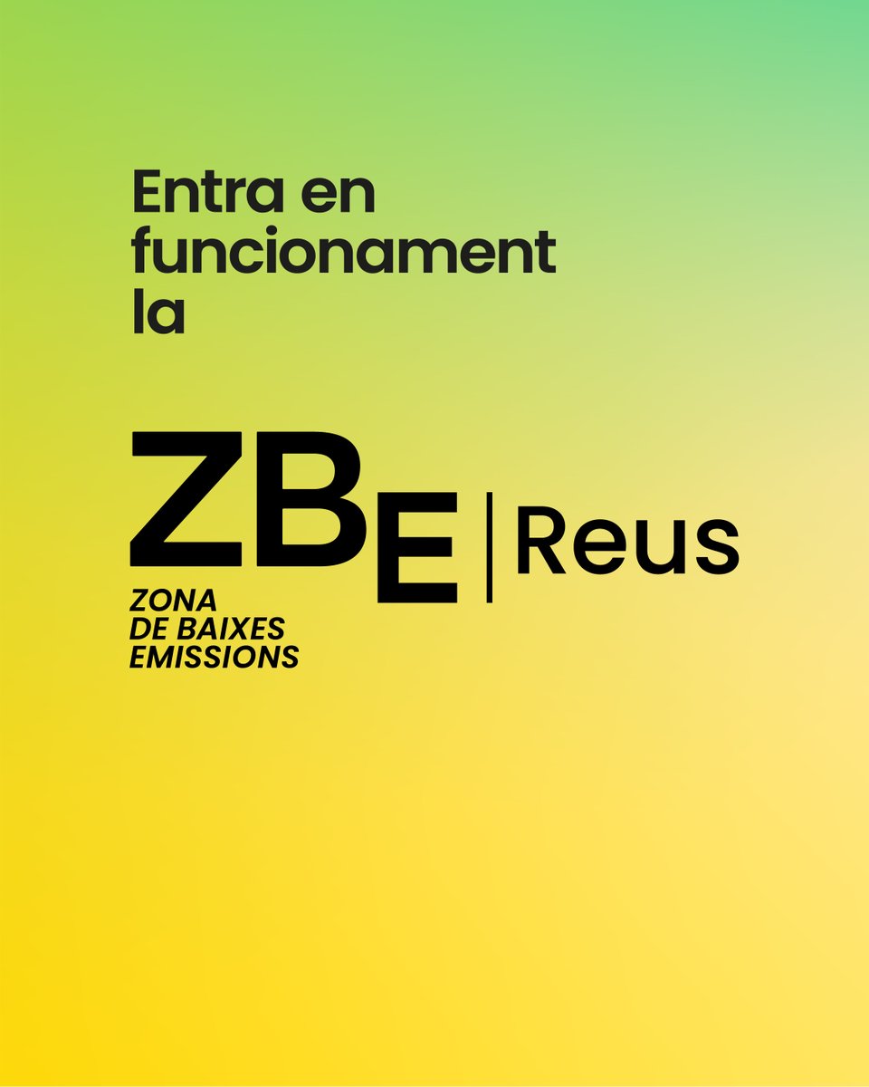 Entra en funcionament la ZBE. 

Està activa de dilluns a divendres de 7 a 19h

Afecta vehicles sense etiqueta ambiental de fora de Reus. Hi ha una vintena d’excepcions.

ℹ️ reus.cat/noticia/reus-a…

#NextGenerationUE
#NextGenerationReus
#PlanDeRecuperación
<a href="/territoricat/">Territori</a>