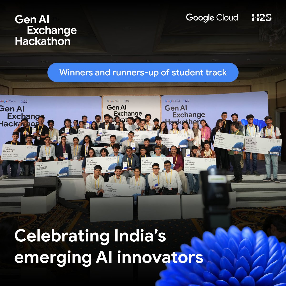 hack2skill's tweet image. We have our winning teams! 🏆🎉

The #GenAIExchange Hackathon 2025 by @googlecloud celebrates these champions on the national stage! Their innovative AI prototypes demonstrate remarkable potential for real-world impact. 🚀

Best wishes for their incredible journey ahead!