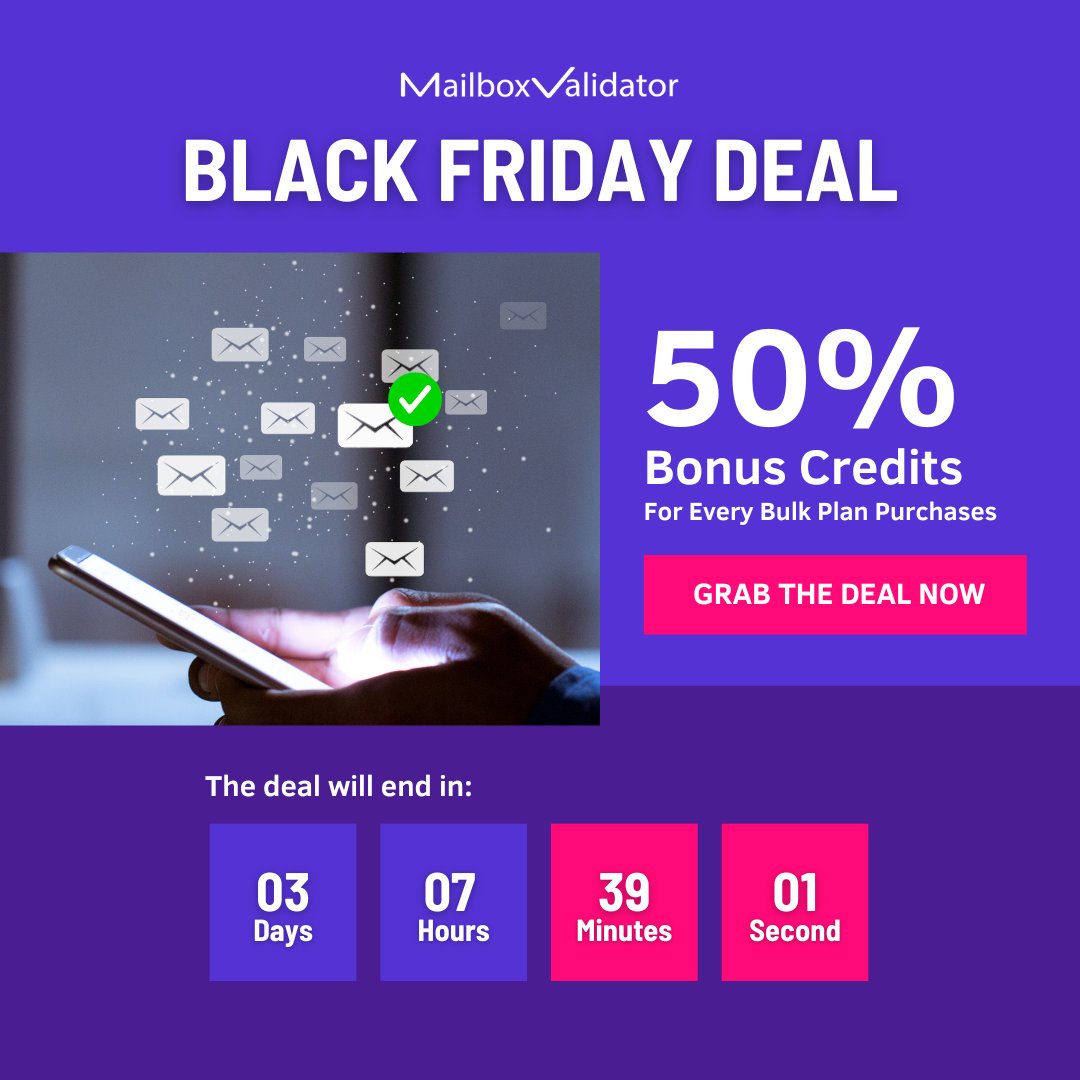 MailBoxV's tweet image. Get 50% BONUS credits with every MailboxValidator Bulk Plan purchase.
More credits, more validations, same price.
⏳ Deal ends soon — don’t miss it!
mailboxvalidator.com/black-friday-c…

#BFCM #blakcfridaydeal #Email #emailvalidation