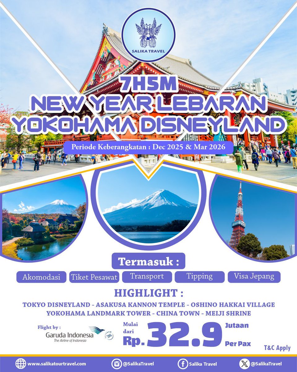 7H5M New Year &amp; Lebaran Yokohama Disneyland by GA

Selengkapnya klik :
salikatourtravel.com/tour/detail/7h…

atau bisa menghubungi :
wa.me/6285954487807
wa.me/6281803863912

T&amp;C Apply
#SalikaTravel
#BestDeals
#GroupSeries
#TourWithSalikaTravel
#JoinTourSalikaTravel
#SalikaJapanTour