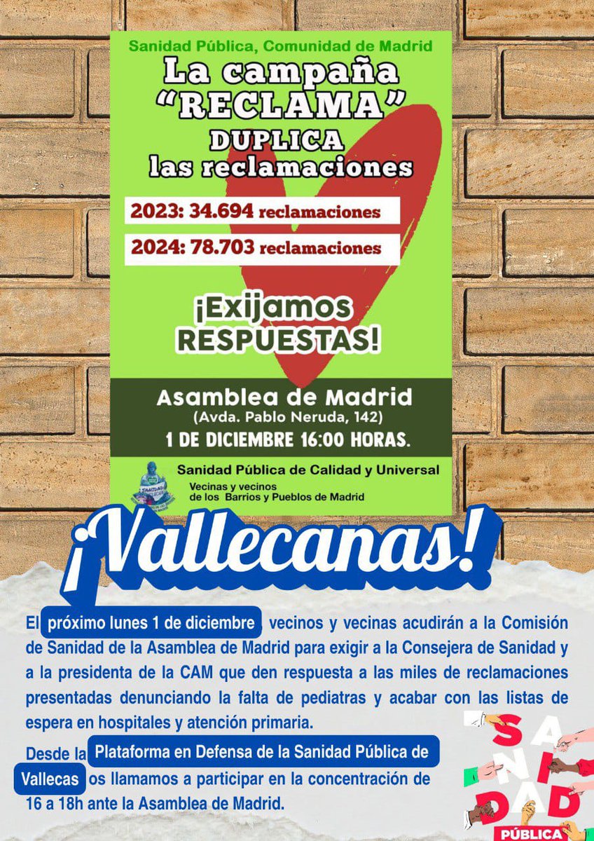 Convocatoria de la  Plataforma Sanidad Pública de Vallecas a nuestras vecinas y vecinos del otro lado de la M-30, delante de la  <a href="/asambleamadrid/">Asamblea de Madrid</a>
Este lunes 1 dic a las 16h.

Se duplican las reclamaciones en #SanidadPública 
para pedir respuestas:
-pediatría 
-listas de espera