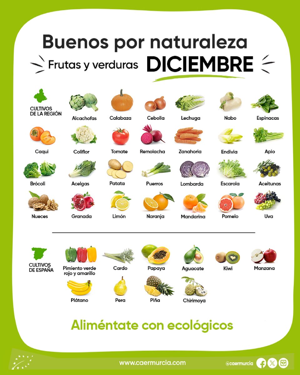 💚 Hoy compartimos las frutas y verduras ecológicas 🍊🍇🥦🍅 de #diciembre de la Región de Murcia y del resto de España, para que puedas saber las que se producen en este mes.

Guarda esta gráfica para consultarla cuando lo necesites.

#agriculturaecológica #frutasyverduras
